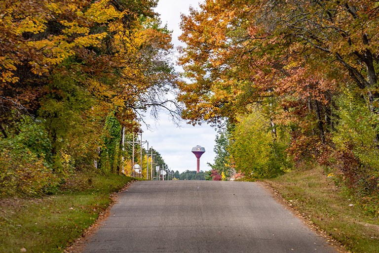 A township road leading to a water tower